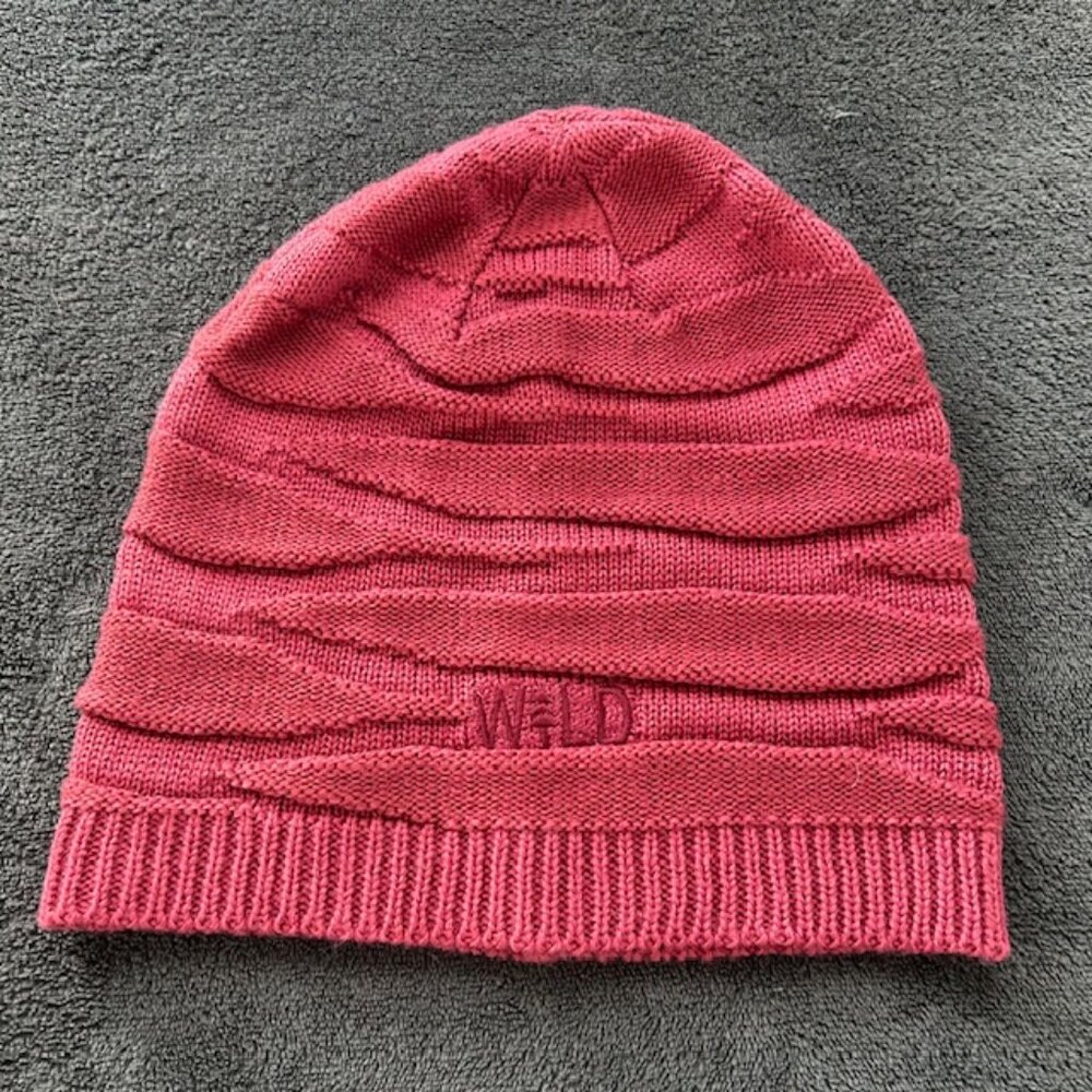 Rust Colored Knit Beanie with "Wild" Embroidery